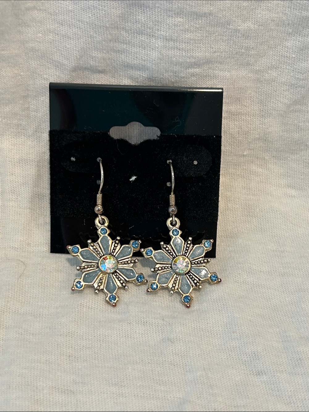 Silver Snowflake Drop Earrings with Blue Crystals